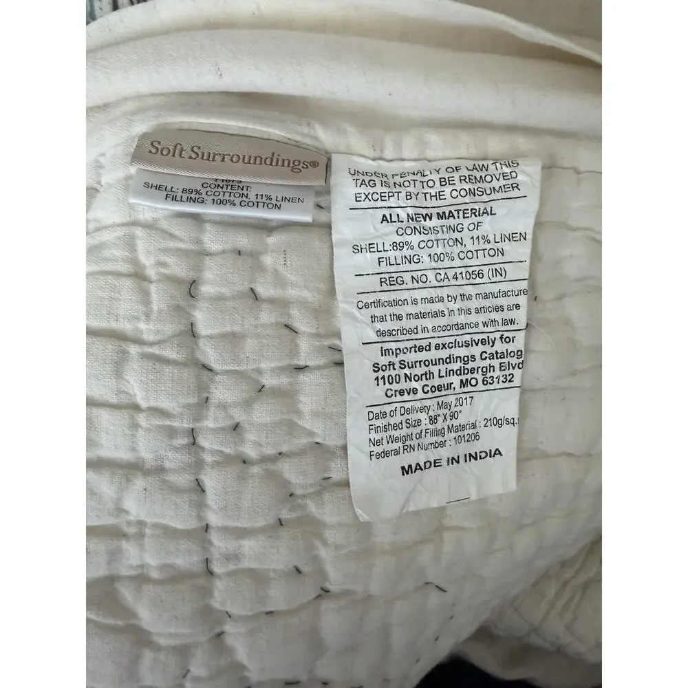 Vtg Soft Surroundings Paisley Stripe QUEEN Quilt Oatmeal/blue Cotton Linen Blend